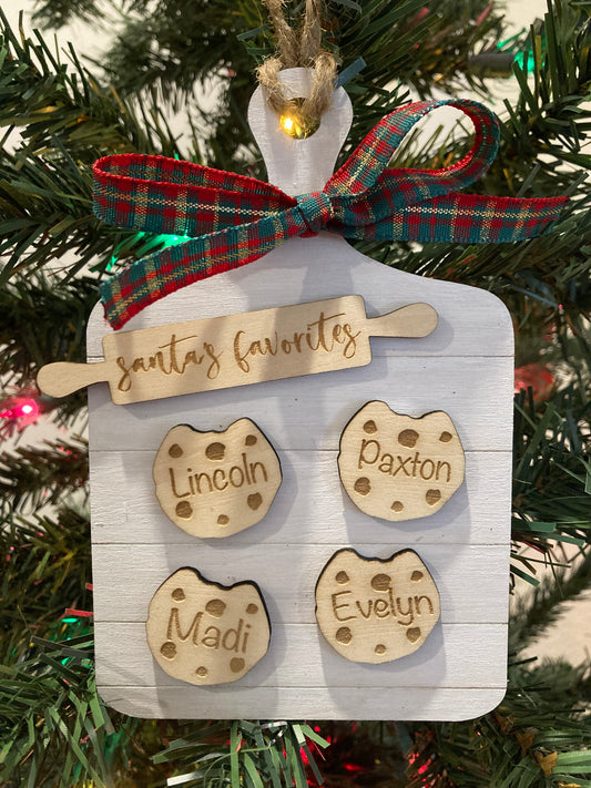 Personalized Christmas Ornament - Cookie design, Cutting Board Background, Name on Cookies, Decorative Bow - White