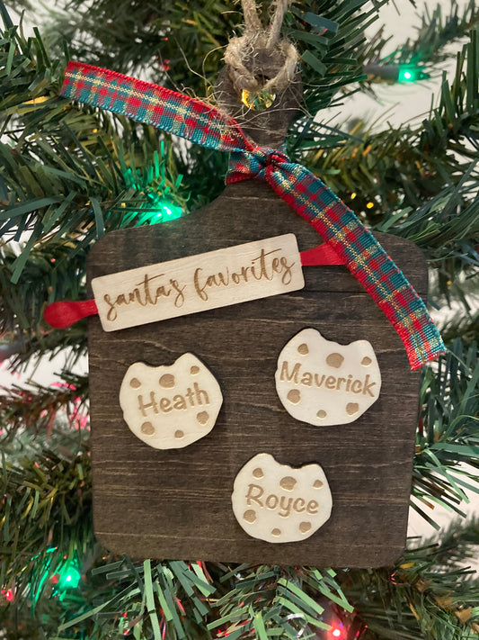Personalized Christmas Ornament - Cookie design, Cutting Board Background, Name on Cookies, Decorative Bow - Stained