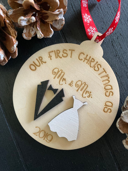 Personalized Wedding Ornament - "Our First Christmas as" - Tux and Dress - Personalized Year