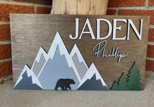 Baby Name Sign - Mountain Theme - First/Middle Name